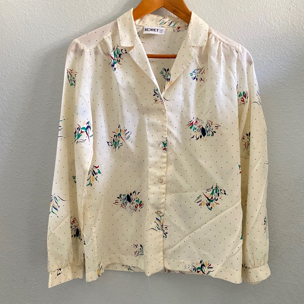 Vintage Koret Polka Dot‎ Floral Button Down Blouse Cream Made in USA ILGWU Tag